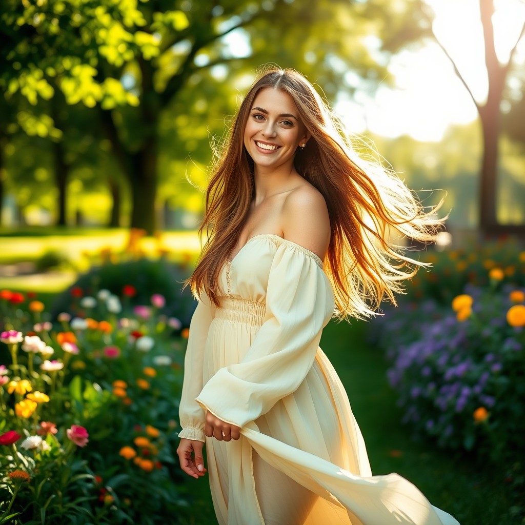 A beautiful woman with long flowing hair, smiling confidently in a lush green park setting