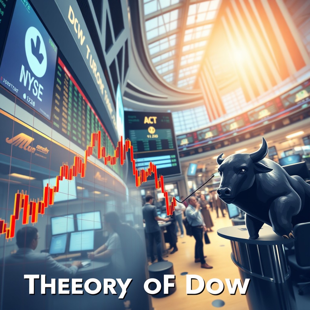 A visually engaging representation of the Theory of Dow, illustrated as a dynamic stock market scene