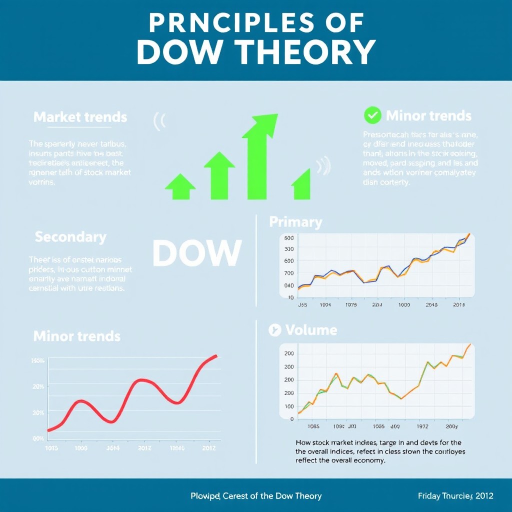 An educational infographic illustrating the principles of Dow Theory, showcasing key components like the market trends, primary, secondary, and minor trends, the importance of volume, and how stock market indices reflect the overall economy