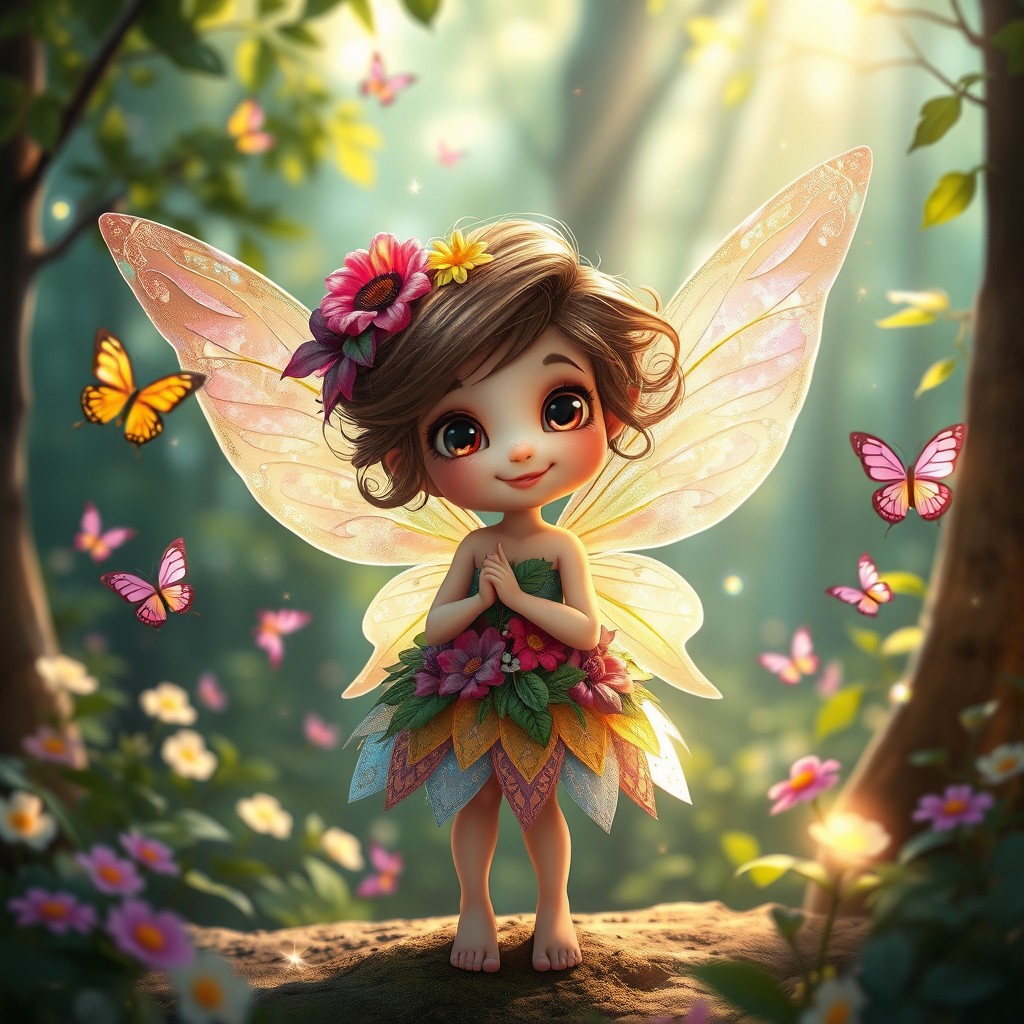 A whimsical fairy character, inspired by Georgian folklore, depicted as a mischievous spirit with bright eyes and a joyful smile