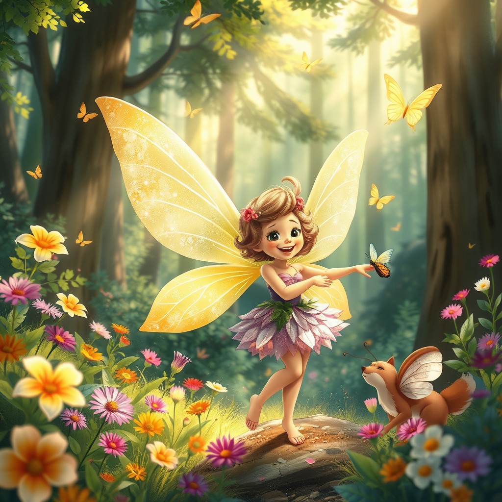 A whimsical and joyous illustration of a young, playful fairy in an enchanting forest, surrounded by vibrant flowers and fluttering butterflies