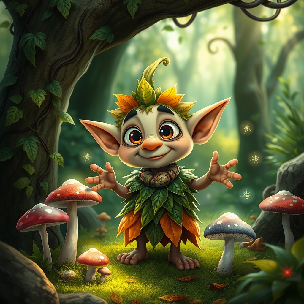 A whimsical, playful goblin creature known as a "ჭინკა", depicted in a vibrant forest setting