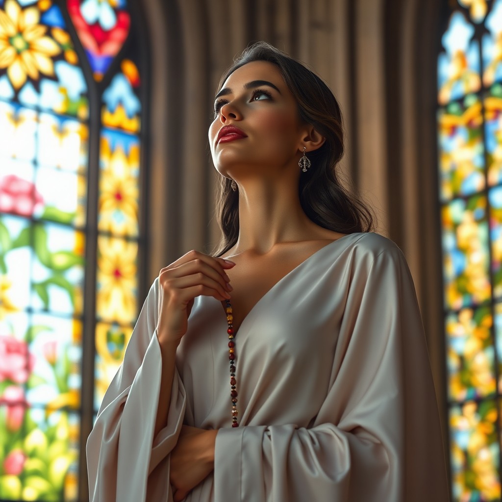 A serene scene depicting a graceful woman dressed in flowing, elegant robes, blending sophistication with spirituality