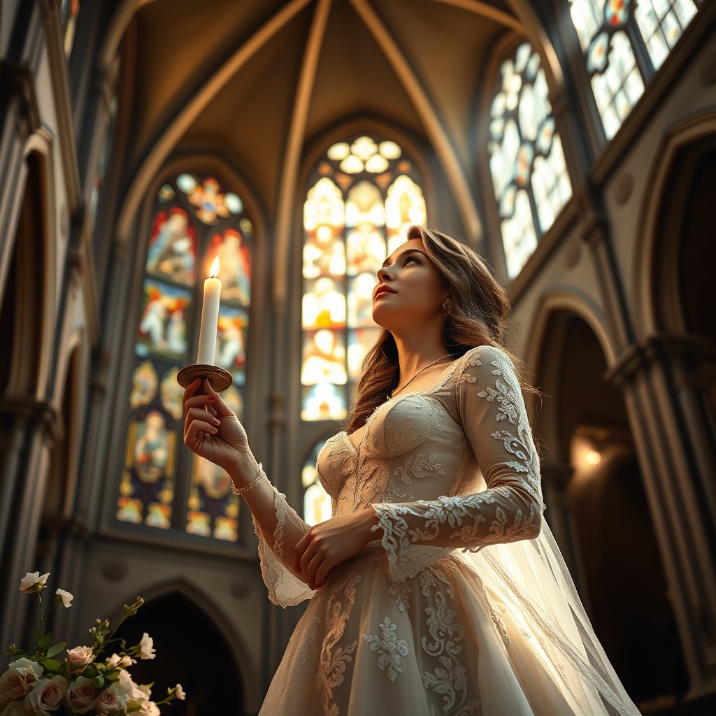 A beautifully dressed woman in an elegant gown, adorned with intricate lace and delicate embroidery, holding a lit candle as she stands beneath an ornate cathedral ceiling