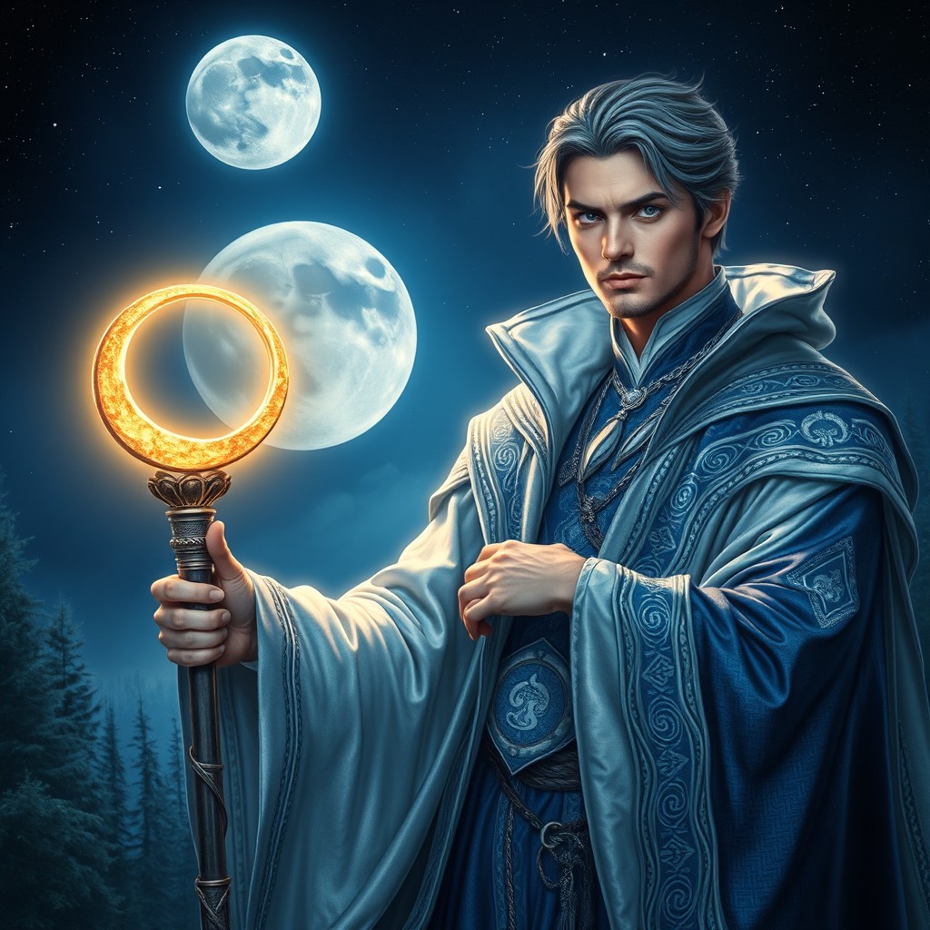 A male lunar sorcerer with elaborate, mystical attire featuring silver and dark blue robes glimmering under the moonlight, holding a glowing staff topped with a crescent moon
