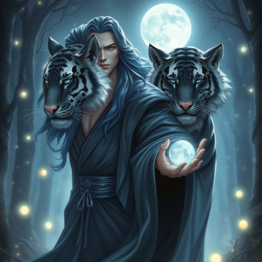 A majestic male lunar sorcerer with mystical powers, adorned in flowing robes that shimmer like the night sky