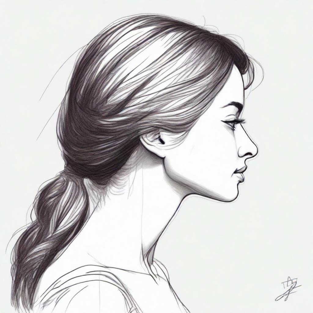 Produce a precise and detailed drawing of a woman viewed in side profile.