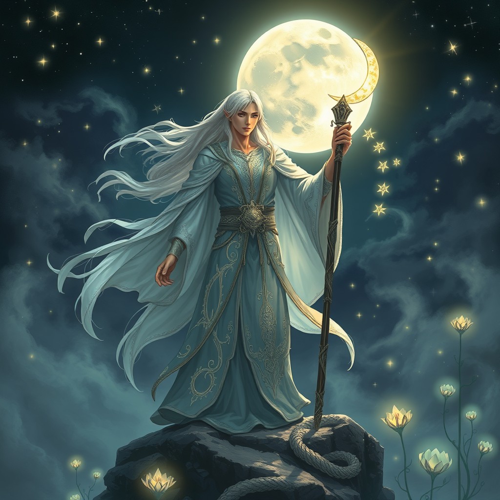 A male lunar sorcerer standing on a rocky cliff under a full moon, surrounded by swirling mist and glowing stars in a night sky