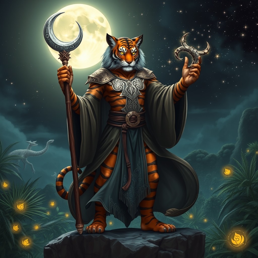 A male were-tiger lunar sorcerer standing majestically atop a cliff during a full moon night