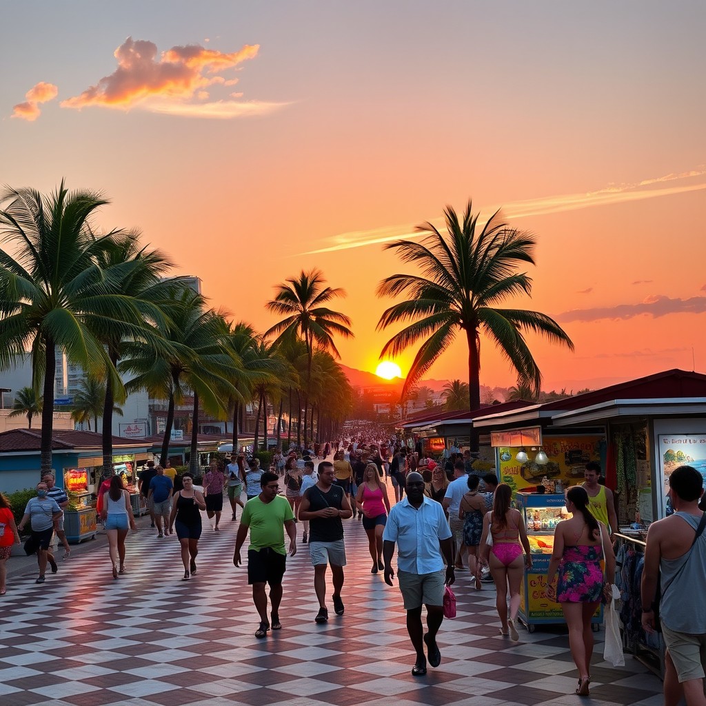 A vibrant street scene in Rio de Janeiro's Copacabana Beach at sunset, showcasing people strolling along the iconic black-and-white wave-patterned promenade