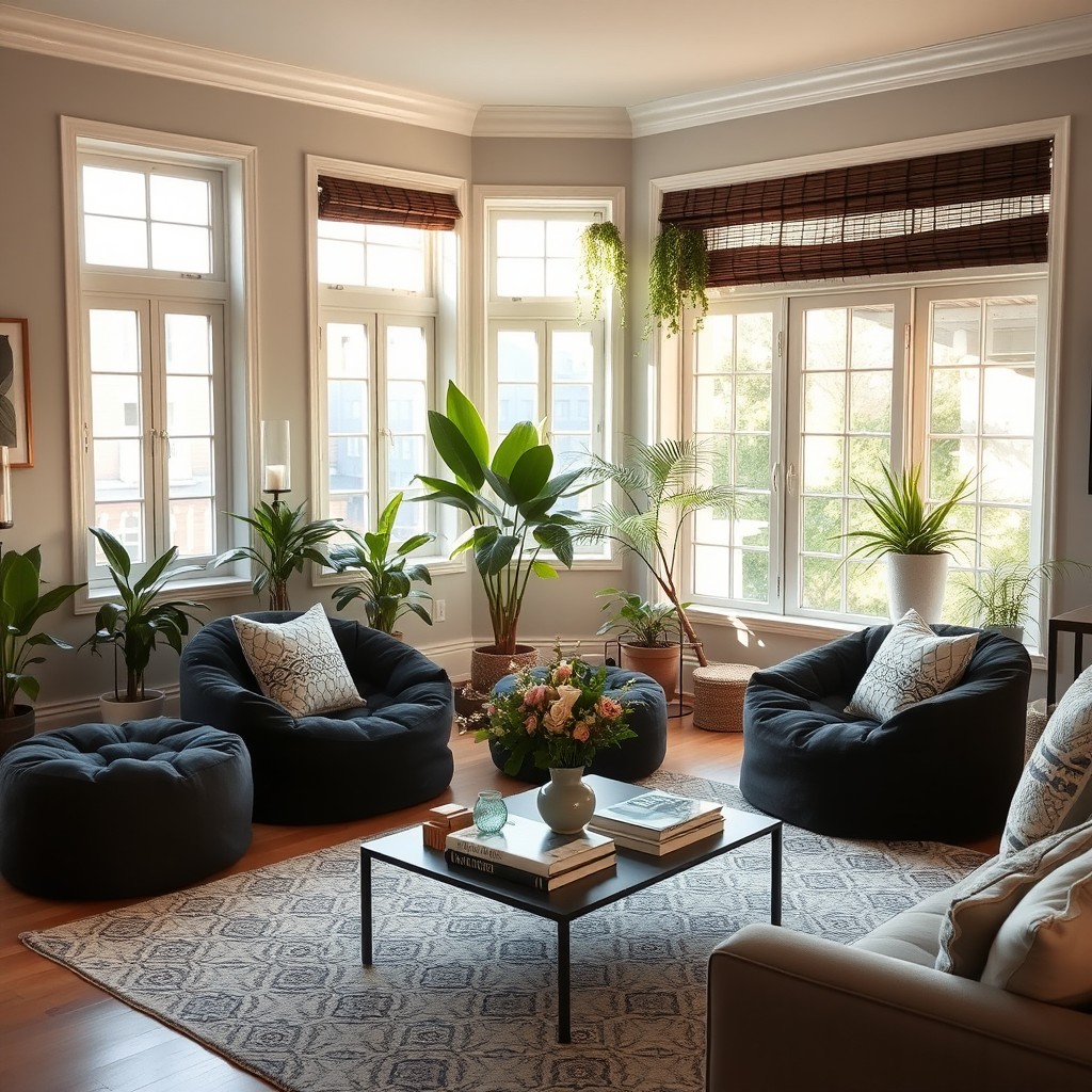 a cozy living room interior featuring black pouf chairs as the main seating option, replacing the old gray furniture