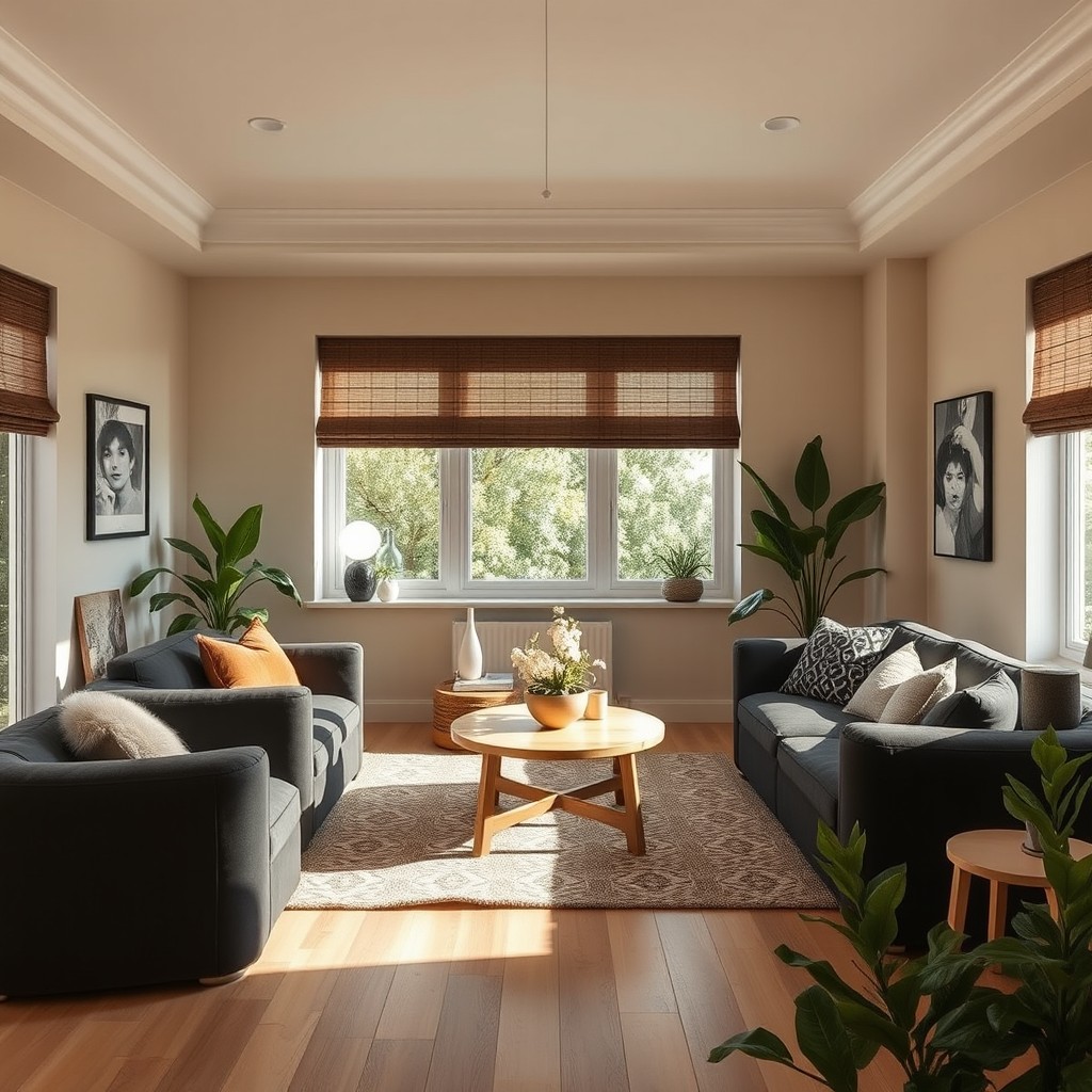 Un acogedor salón moderno con pufs sillones de color negro, reemplazando los muebles grises previamente existentes