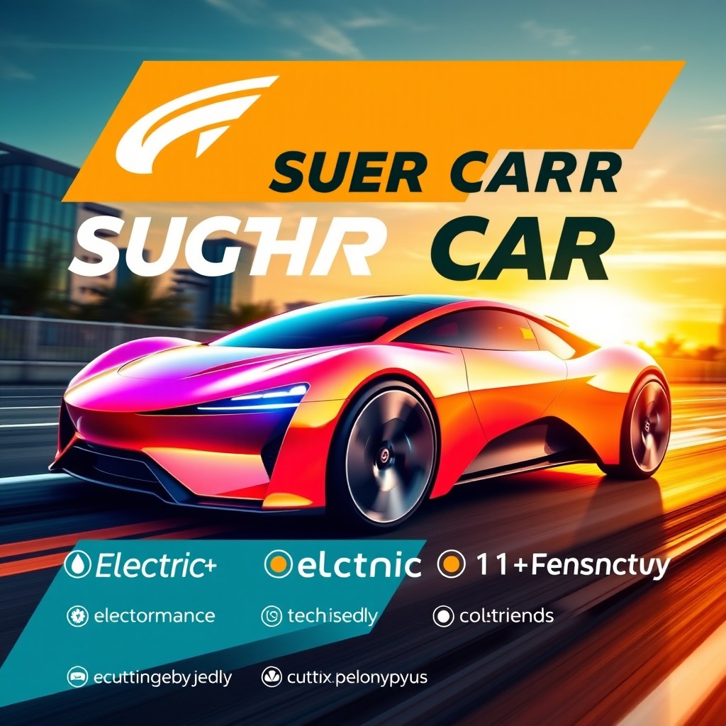 A creative marketing design for a futuristic sports car, showcasing its sleek aerodynamic shape and vibrant color palette