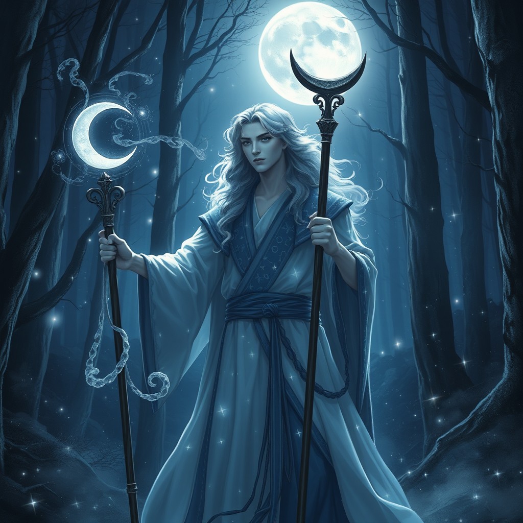 A male lunar sorcerer standing amidst a mystical forest at night, bathed in the soft, silvery light of the full moon