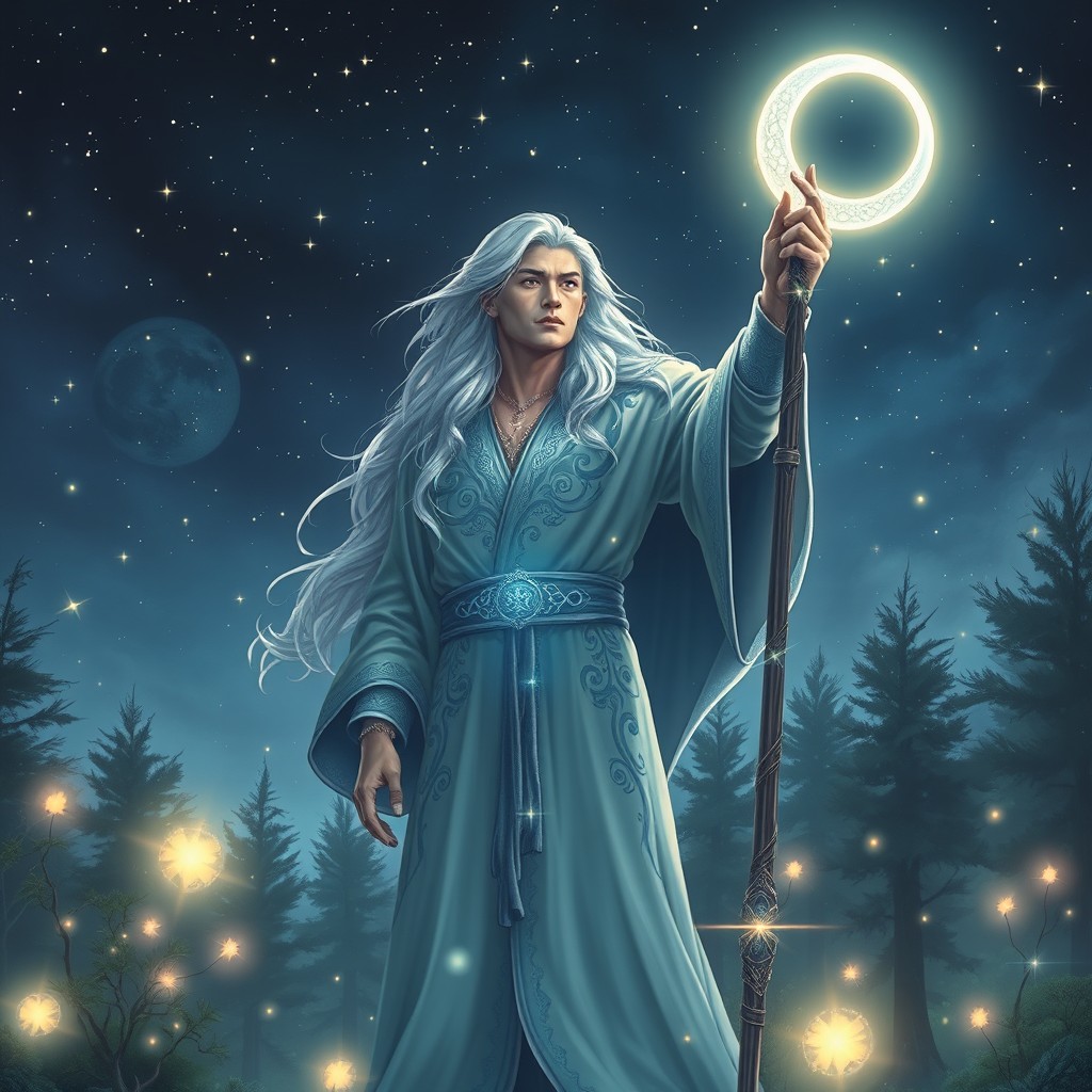A captivating male lunar sorcerer standing tall in a mystical landscape under a starry night sky