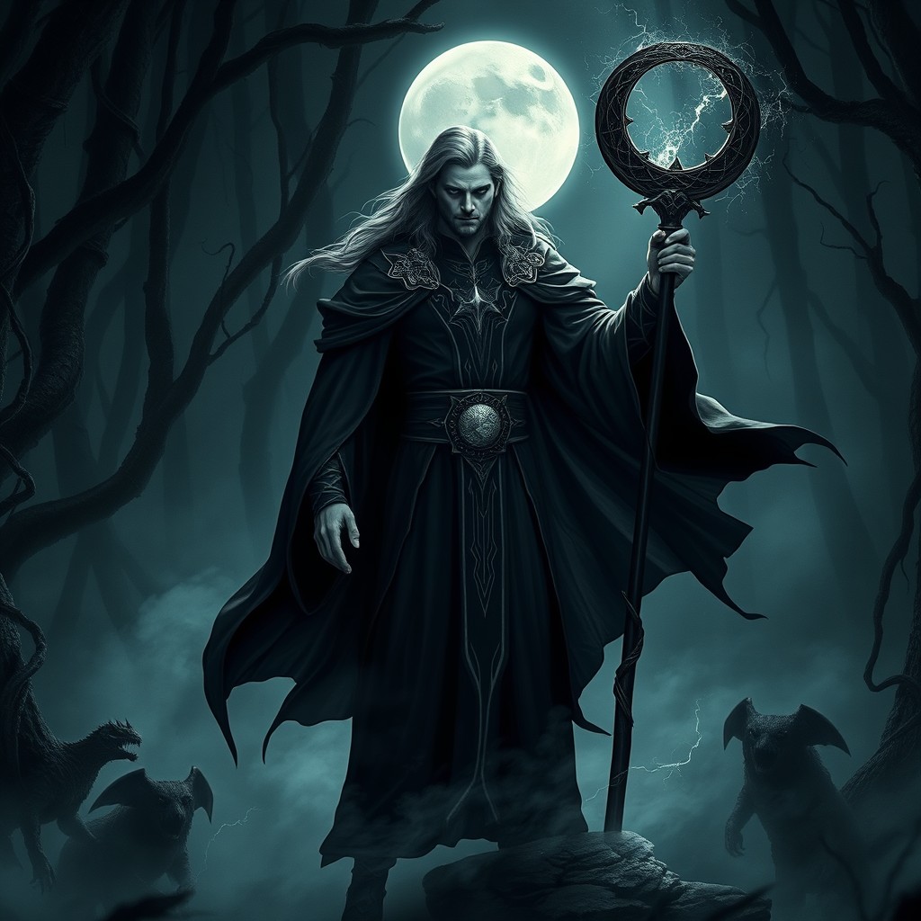 An ominous male lunar sorcerer standing in a shadowy, mist-filled forest at night, illuminated only by the eerie glow of the full moon