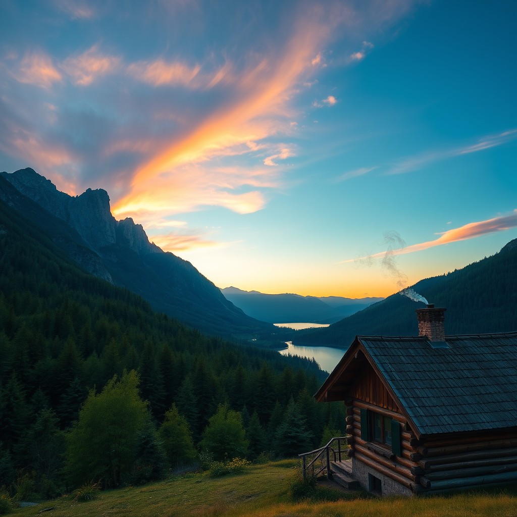 A stunning mountain landscape in Serbia at sunrise, featuring the majestic peaks of the Tara National Park, with lush green forests and a serene lake reflecting the colorful sky