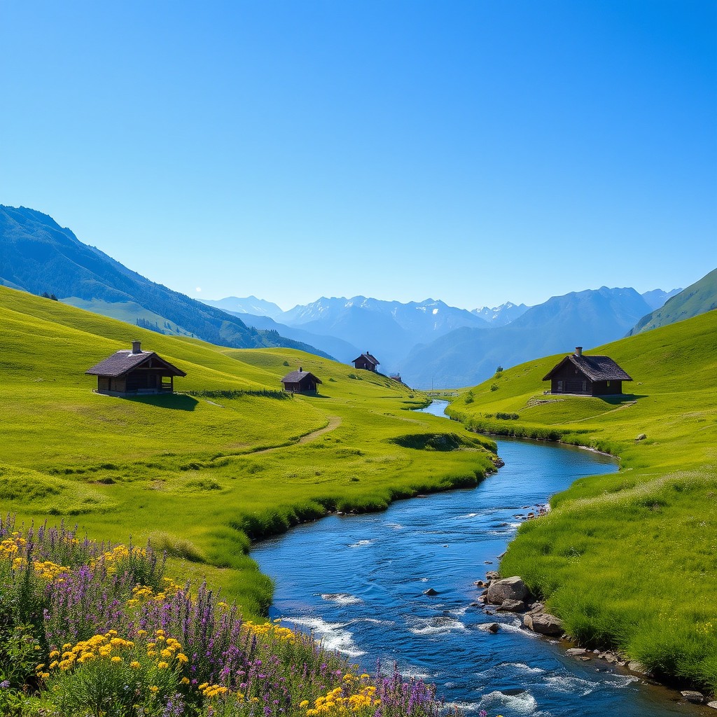 A stunning Serbian landscape featuring rolling hills covered with vibrant green grass, dotted with wildflowers in shades of violet and yellow, under a clear blue sky