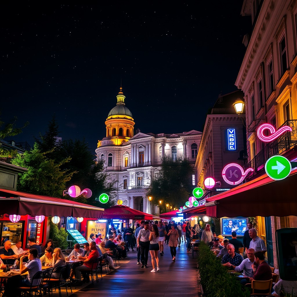 a vibrant night scene in Belgrade, Serbia, showcasing a bustling street filled with colorful lights, lively cafes with outdoor seating, people enjoying themselves, and historic architecture in the background, illuminated by the glow of street lamps and neon signs, a clear sky filled with stars above
