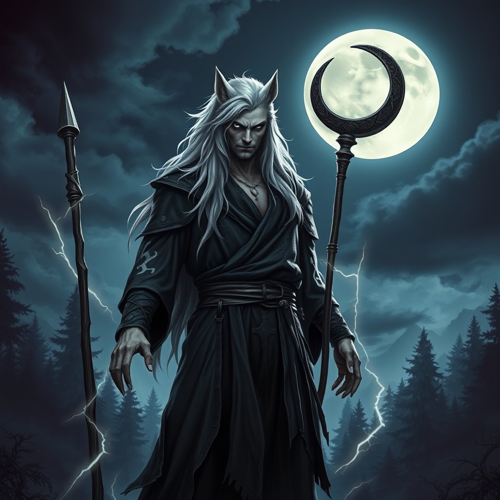 A formidable male lunar sorcerer with werewolf features, set against a dramatic night sky illuminated by a full moon