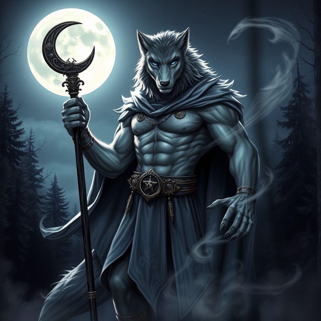 A male lunar sorcerer werewolf standing majestically under a full moon