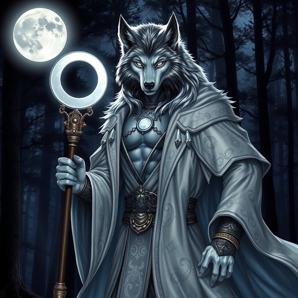 A male lunar sorcerer werewolf depicted as a majestic creature under a full moon