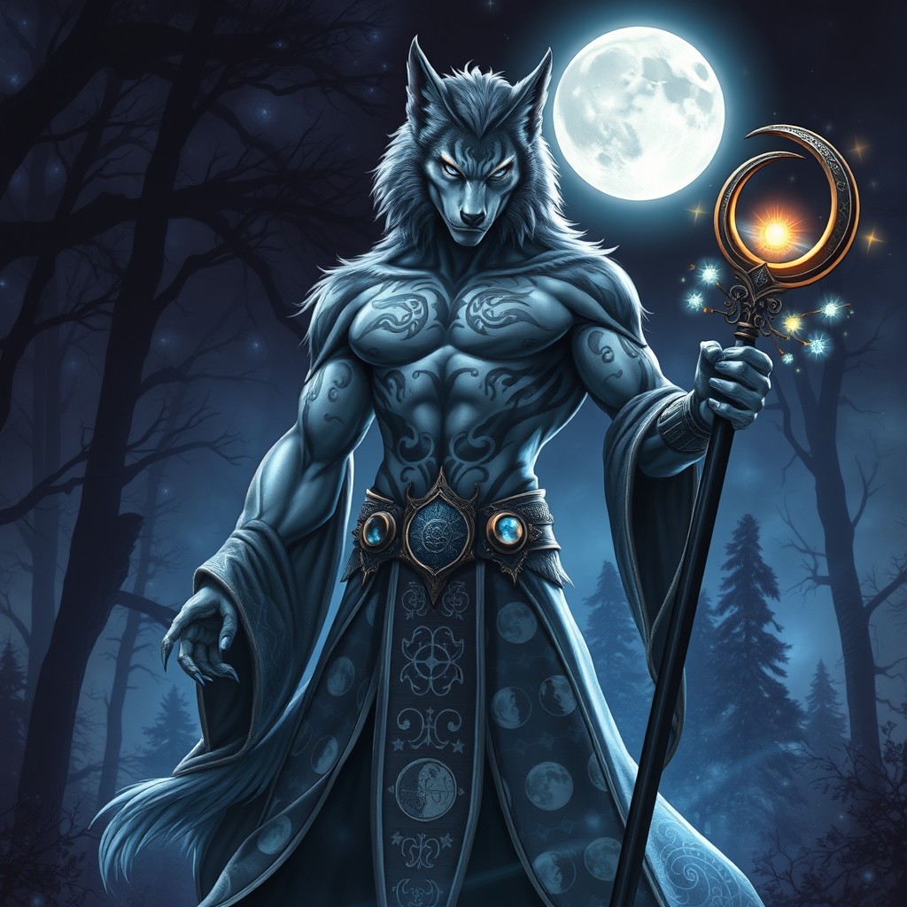 A male lunar sorcerer werewolf depicted in a dramatic pose under a full moon