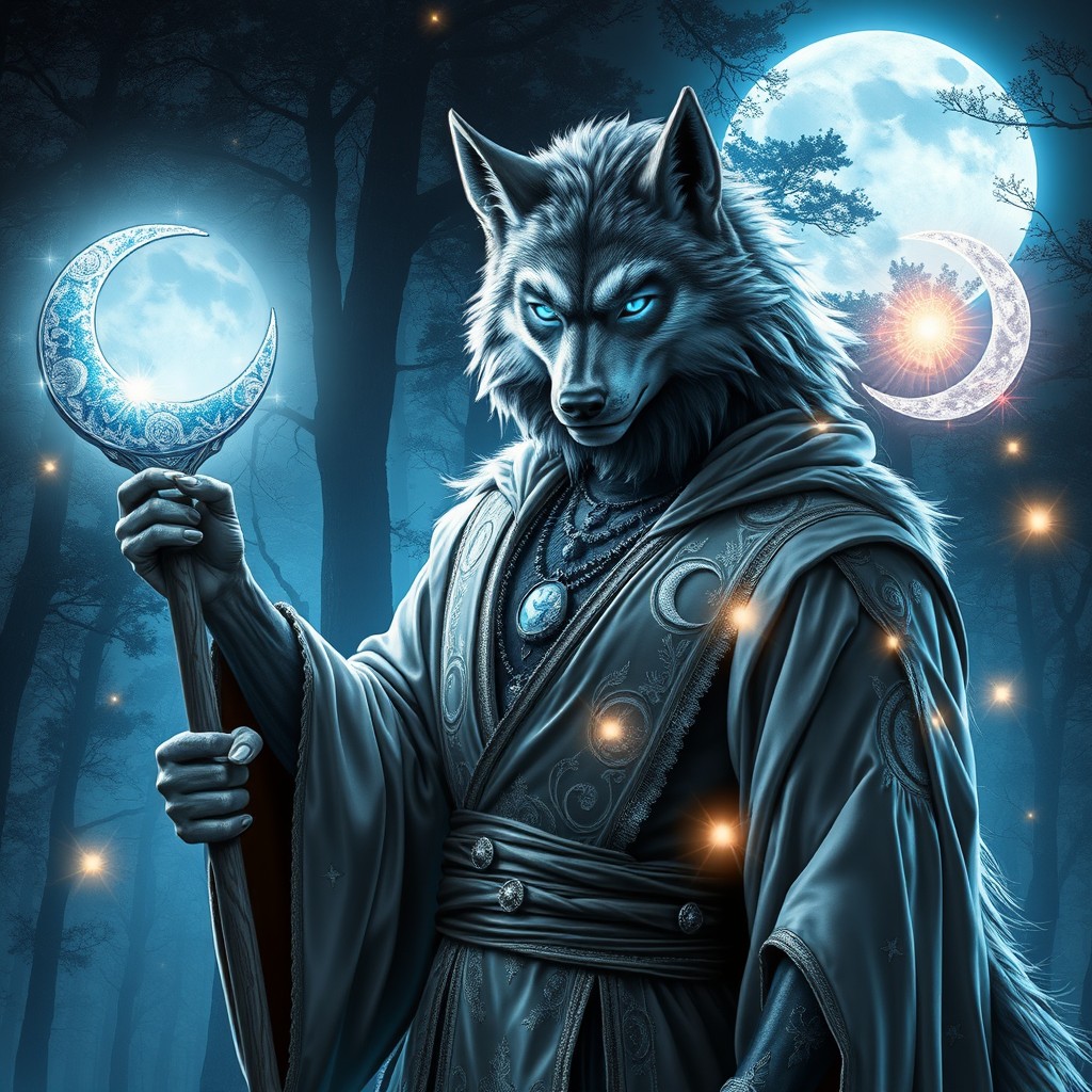 A male lunar sorcerer werewolf portrayed dramatically beneath a luminous full moon