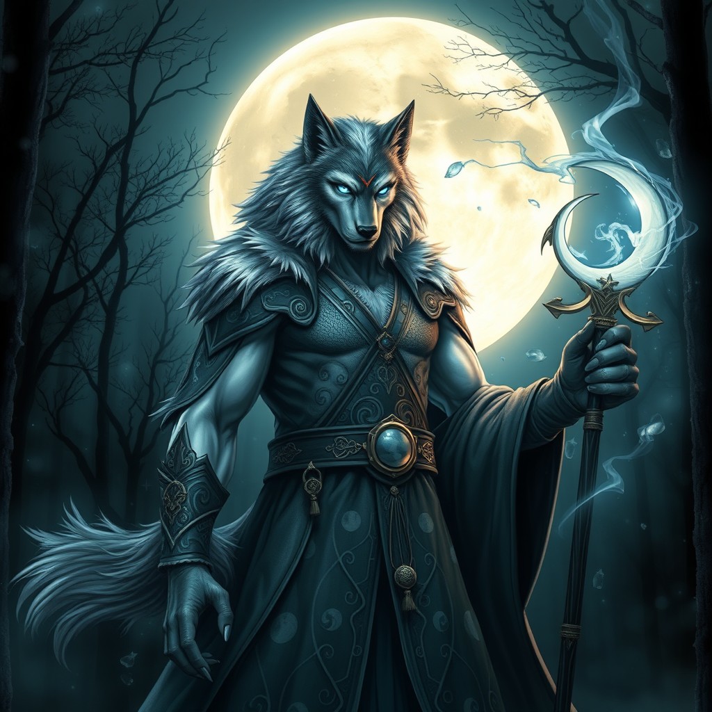 A male lunar sorcerer werewolf, depicted as a powerful figure beneath a brilliant full moon