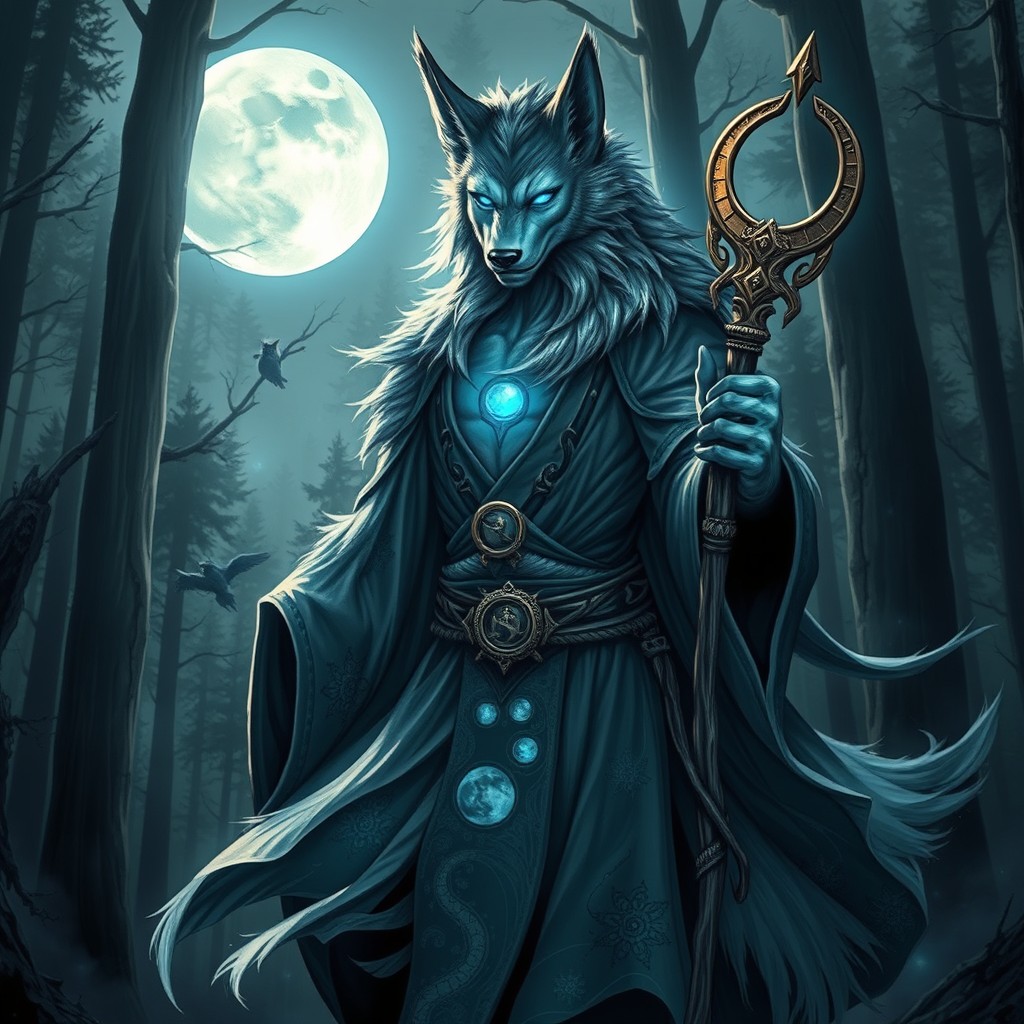 A lunar sorcerer beastman, portrayed as a striking hybrid creature with the body of a powerful humanoid and features resembling a wolf
