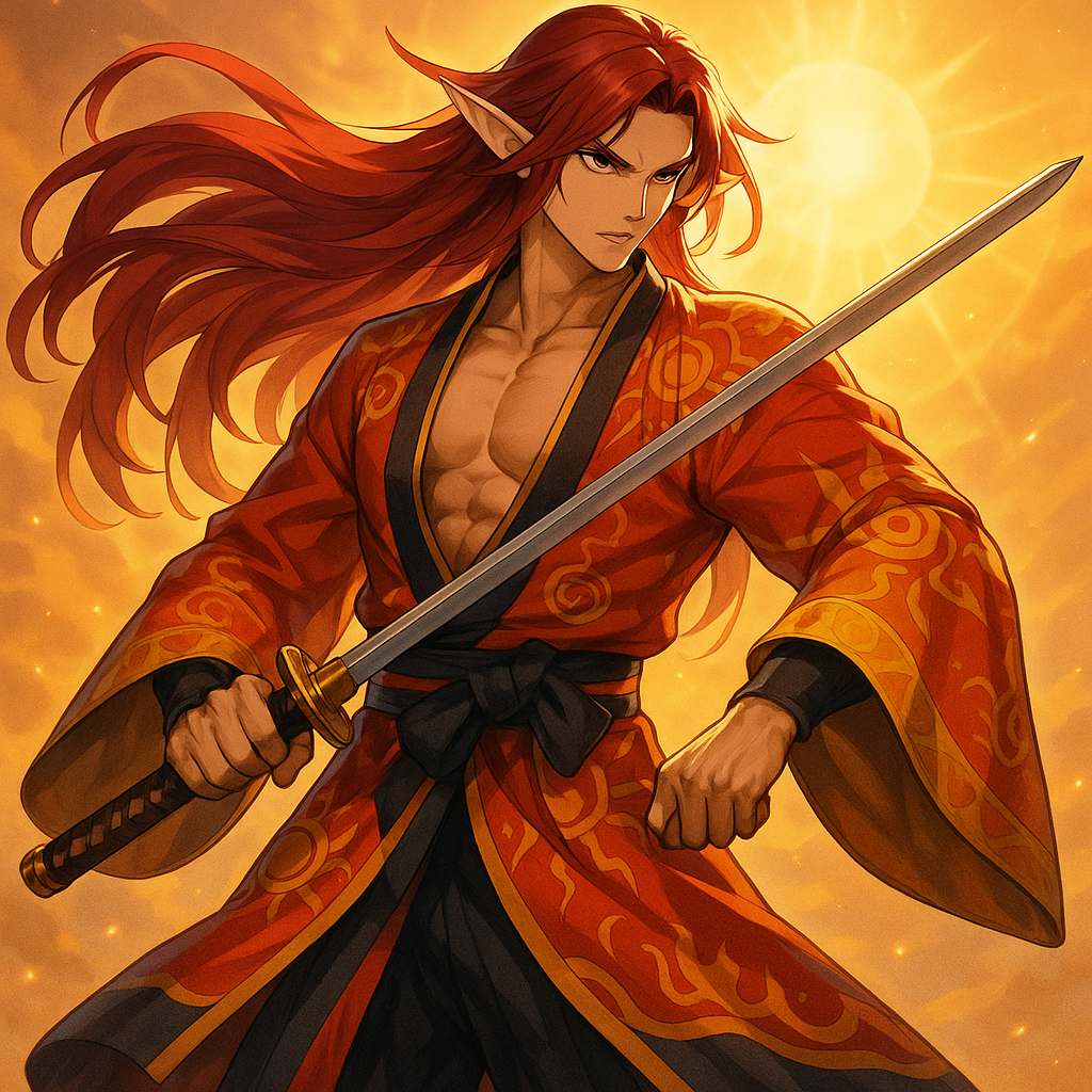 "solar swordsman" "male elf" "anime" "full body" "half-elf" "hair red"  "katana" "Hanbok Kimono Marcial"