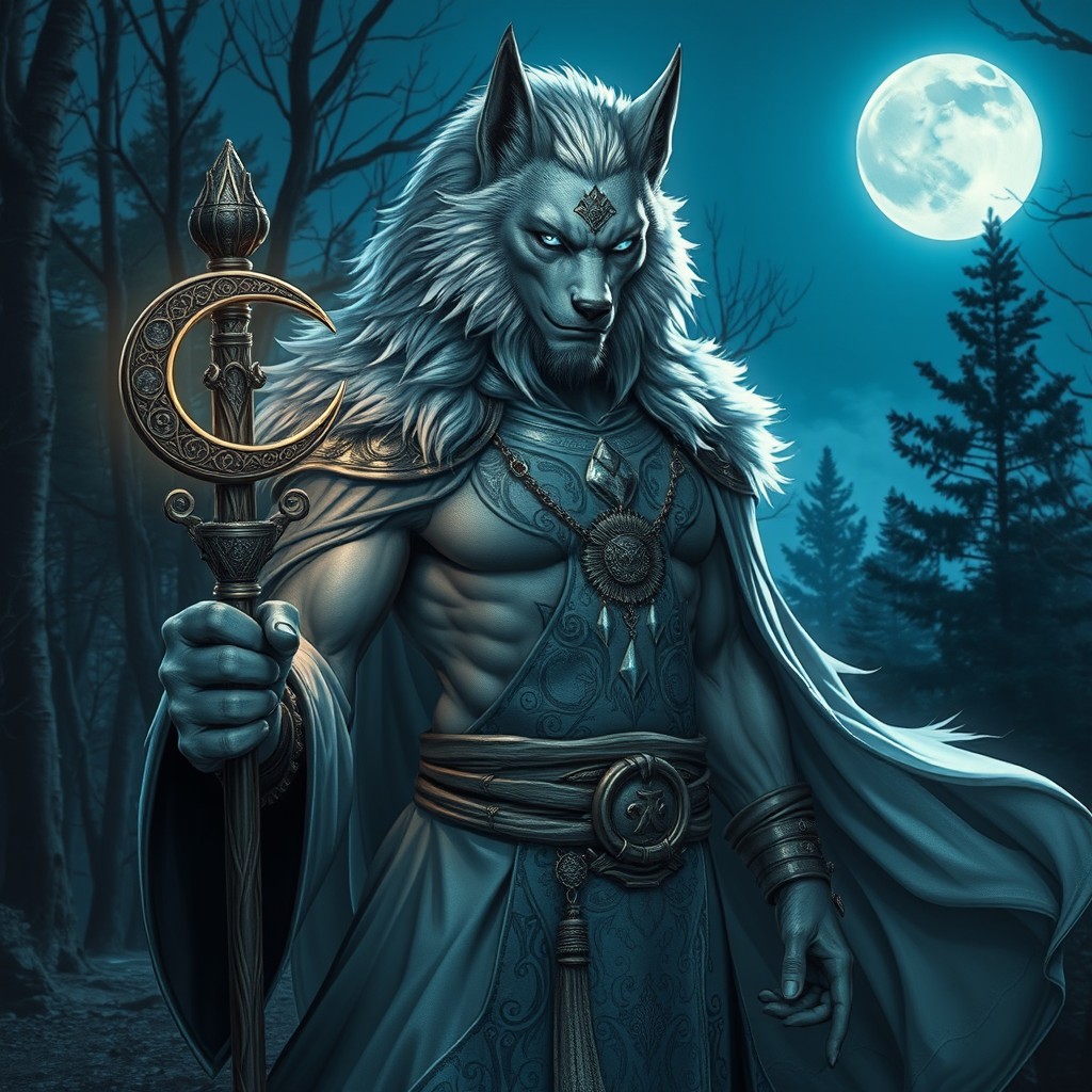 A lunar sorcerer beastman, envisioned as a majestic creature blending human form with wolf-like features