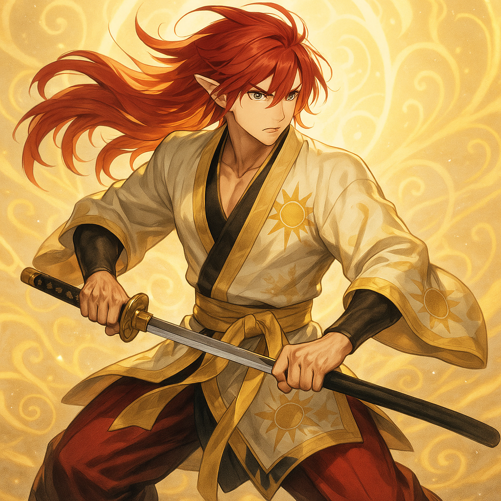 "solar swordsman" "male elf" "anime" "full body" "half-elf" "hair red"  "katana" "Hanbok Kimono Marcial"