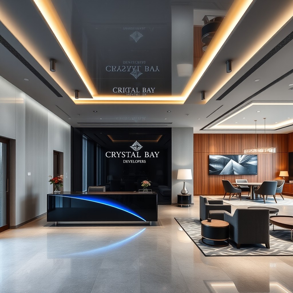 A luxurious real estate office interior, featuring a stunning reception area situated directly in front of the main entrance