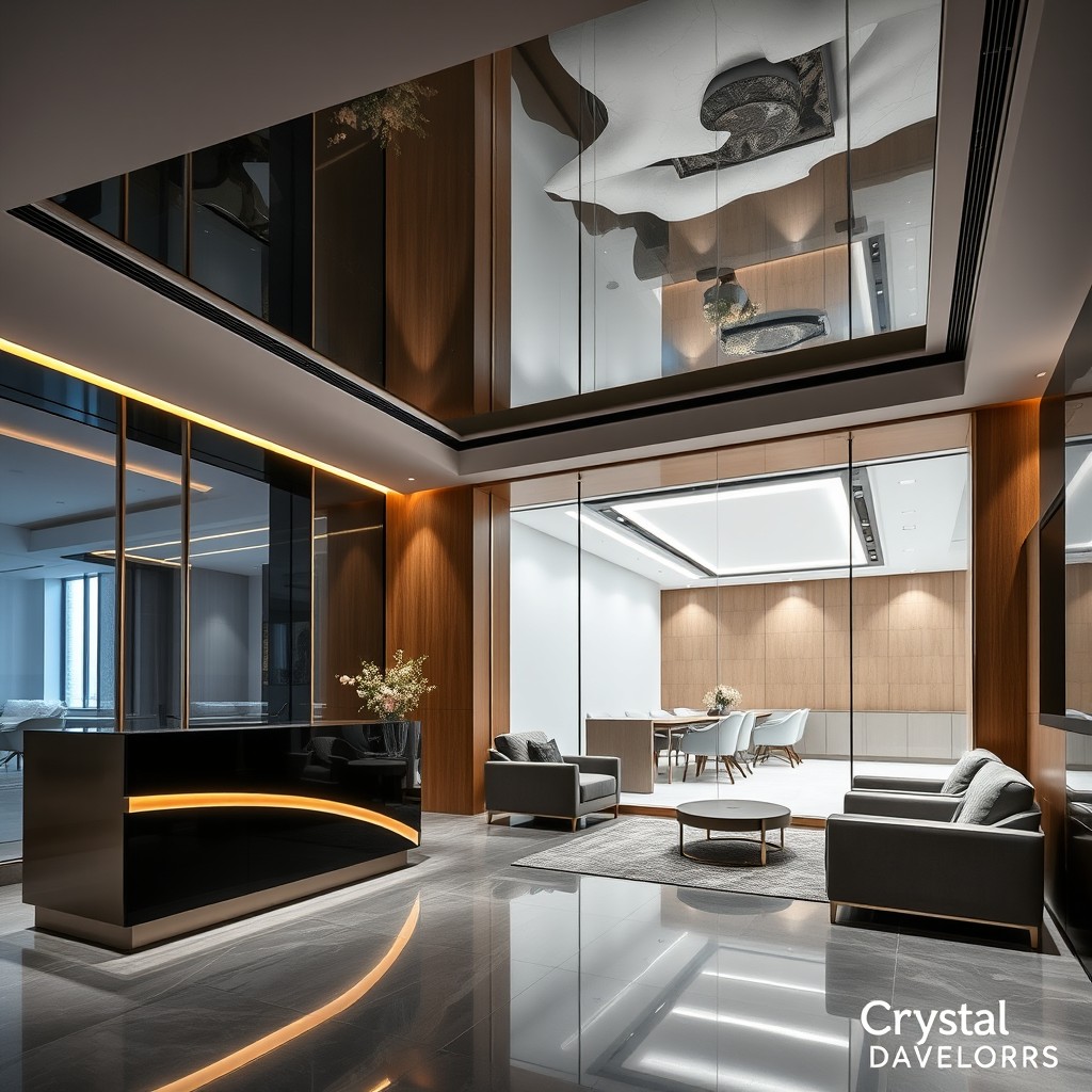 A luxurious real estate office interior of 'Crystal Bay Developers' in Dubai, designed for high-profile clientele