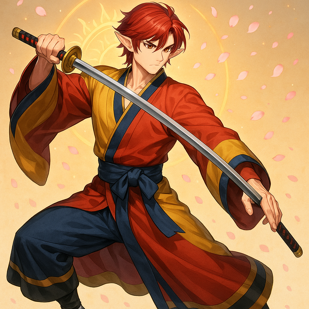 "solar swordsman" "male elf" "anime" "full body" "half-elf" "hair red"  "katana" "Hanbok Kimono Marcial"