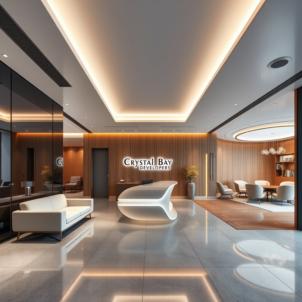A luxurious real estate office interior featuring a modern and futuristic design