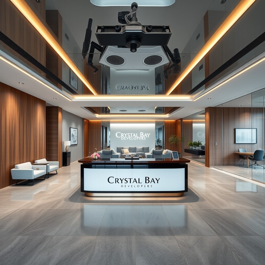 A luxurious real estate office interior showcasing a high-end reception area with sleek, modern design elements