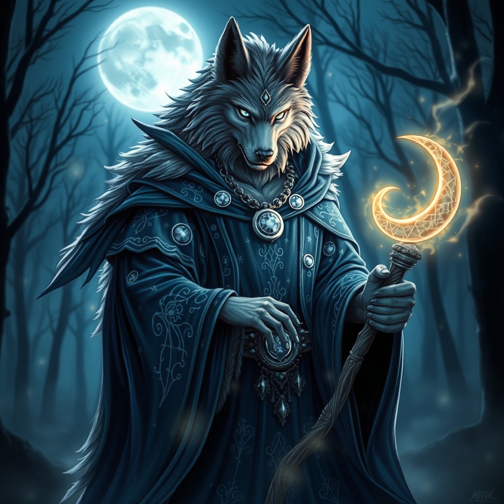 A mystical lunar sorcerer beastman, featuring an anthropomorphic figure with wolf-like features and piercing silver eyes