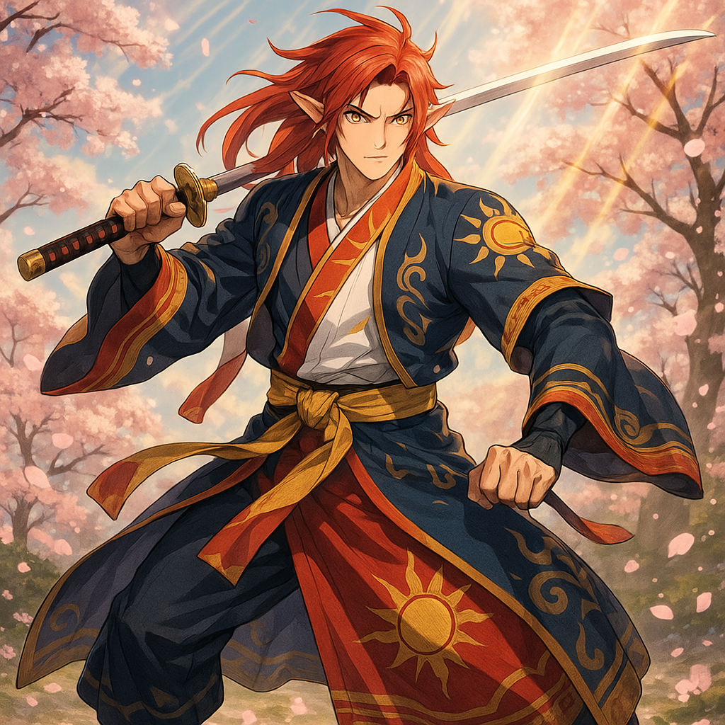 "solar swordsman" "male elf" "anime" "full body" "half-elf" "hair red"  "katana" "Hanbok Kimono Marcial"