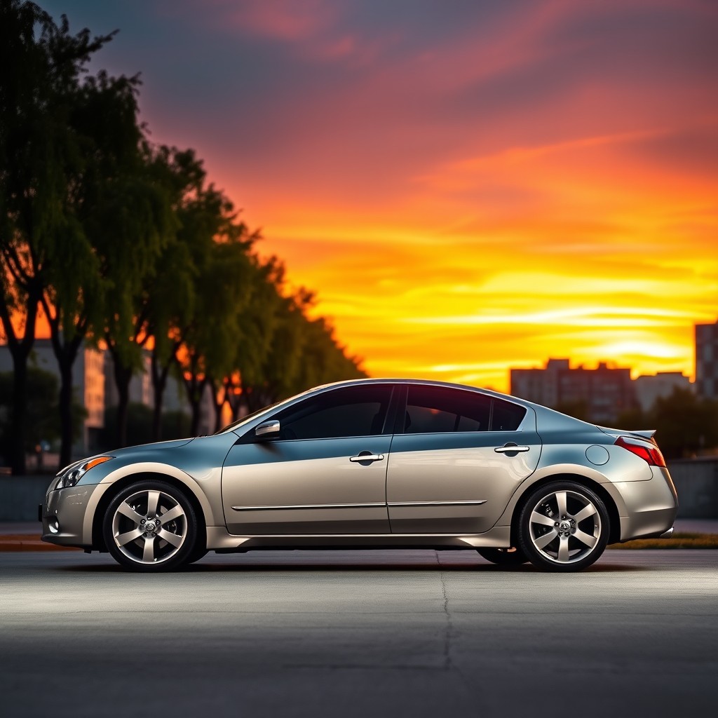A sleek 2008 Nissan Altima parked elegantly under a vibrant sunset
