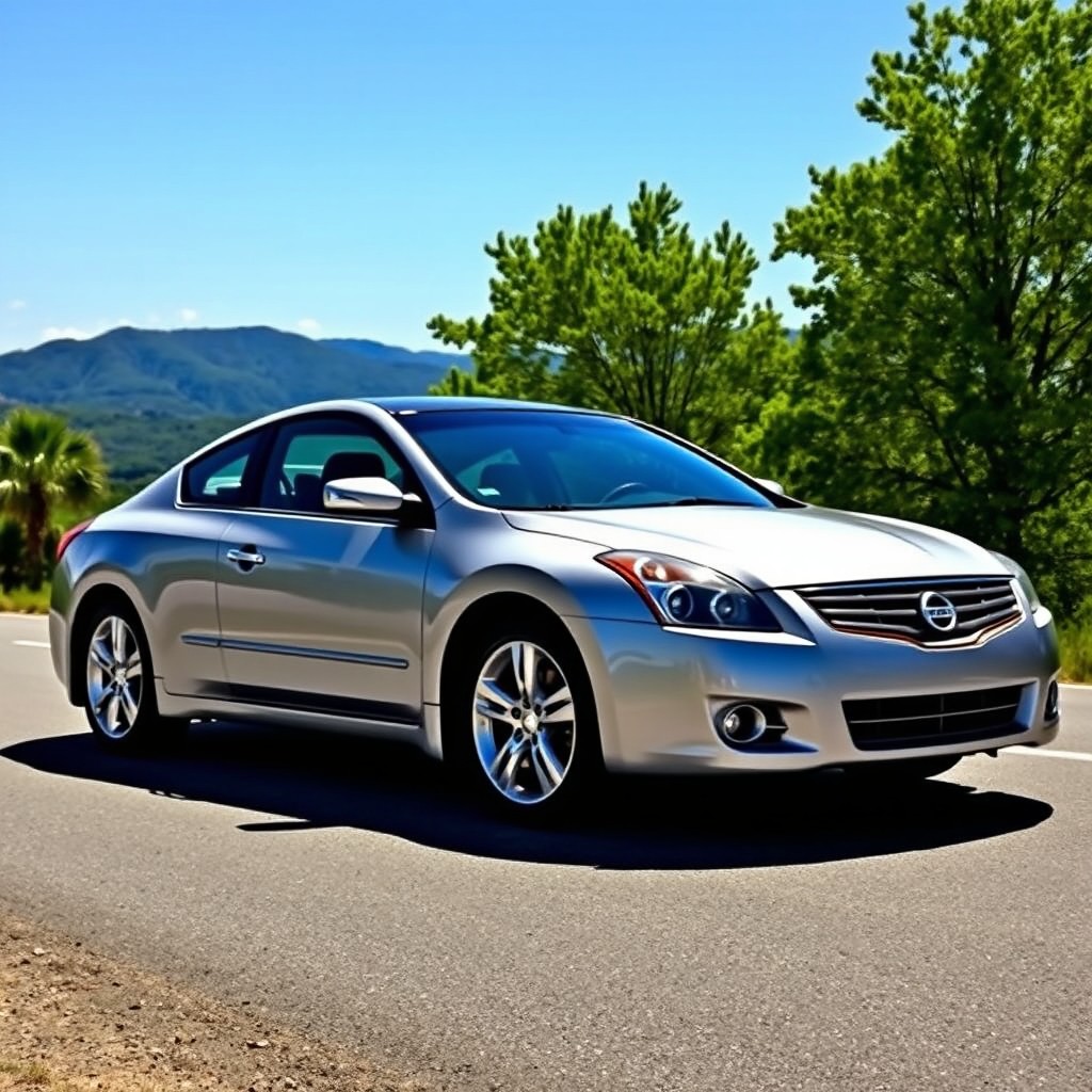 A sleek and stylish 2008 Nissan Altima, parked on a scenic road