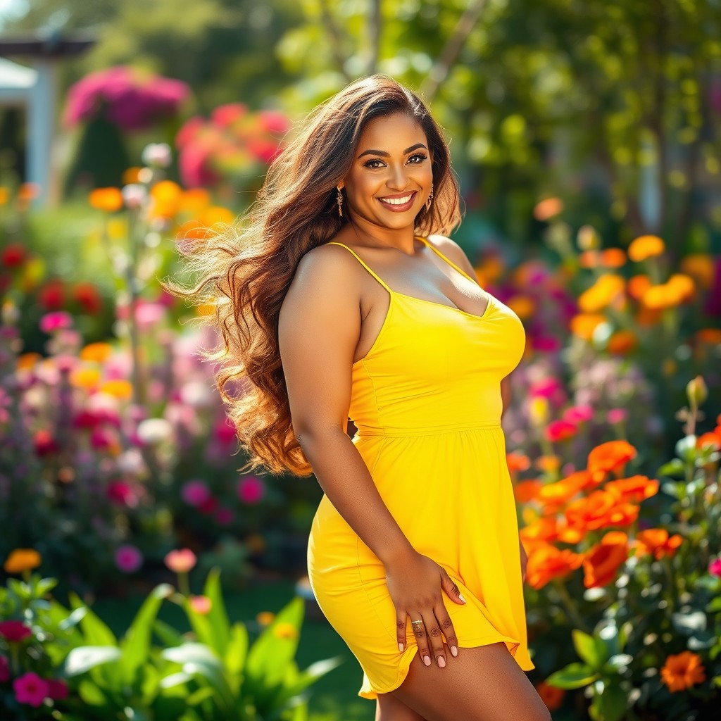 A stunning, curvy woman confidently posing in a bright summer dress that accentuates her figure, with long flowing hair and a radiant smile, set against a vibrant outdoor garden filled with colorful flowers and lush greenery