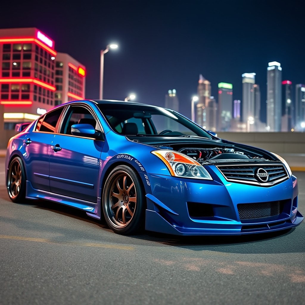 A modified 2008 Nissan Altima SL with a sleek, aggressive appearance, showcasing a custom body kit, lowered suspension, and wide wheels