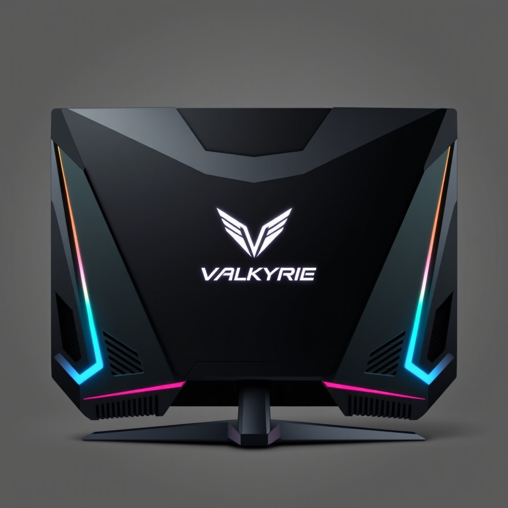 A sleek and futuristic design for the plastic cover on the back side of a Valkyrie brand gaming monitor