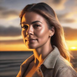 Create a detailed rendering of a woman profiled at side, placed against the backdrop of a beautiful sunset.