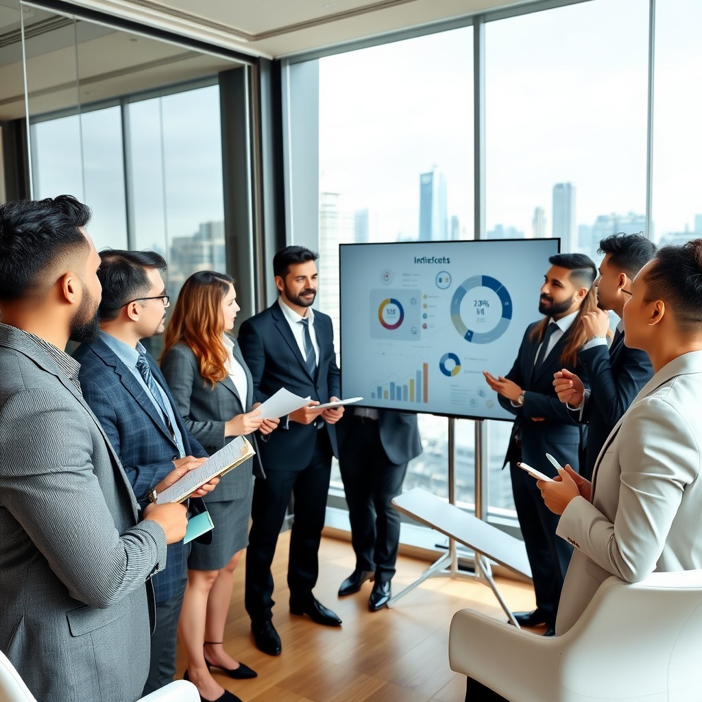 A professional setting featuring a diverse group of business professionals engaged in a brainstorming session