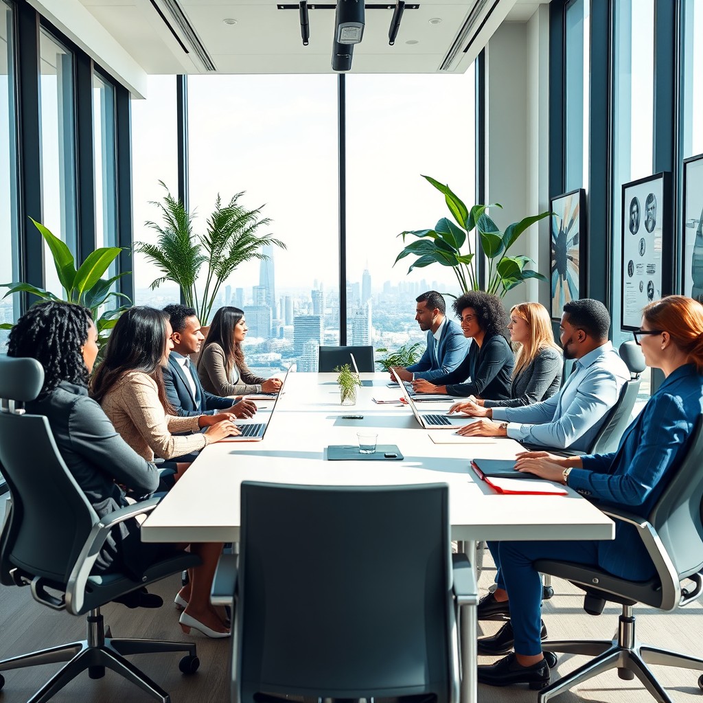 A sleek and modern office environment filled with natural light, showcasing a diverse group of professionals engaging in a collaborative meeting