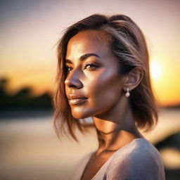 Create a detailed rendering of a woman profiled at side, placed against the backdrop of a beautiful sunset.