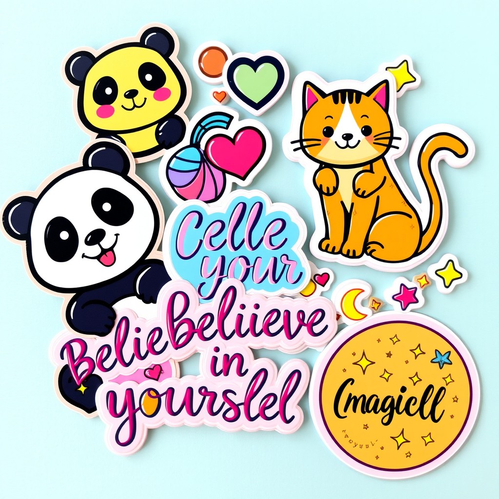 A collection of vibrant and colorful stickers featuring cute animals, inspirational quotes, and whimsical designs